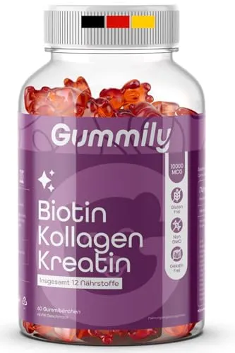 Biotin Gummibärchen 10000mcg - Hair Vitamins für Haare, Haut und Nägel - Hochdosiert - mit Kollagen & Kreatin Biotin gummies - insgesamt 12 Nährstoffe - Gelatinfrei - 60 Stück - Non GMO - Gummily®
