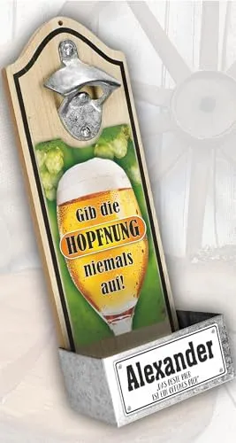 Wandflaschenöffner PERSONALISIERBAR - Gib die Hopfnung niemals auf - Mit Name und Spruch | Bier Flaschenöffner für die Wand | Bieröffner mit Auffangbehälter für Kronkorken im Retro Vintage-Design