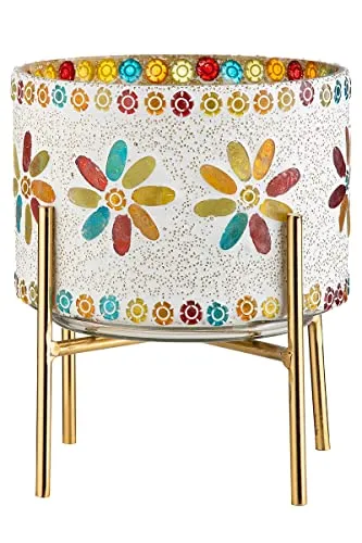 GILDE Windlicht - Blüten Dekor - bunt - Höhe 19 cm - Windlicht im Boho-Stil mit buntem Glas und goldfarbenem Fuß, perfekt als Geschenk für jeden Anlass und zaubert eine gemütliche Atmosphäre.