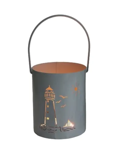 Laterne Maritim Eimer mit Leuchtturm im Shabby Look - Windlicht, Maritime Kerzenleuchte, Teelichthalter
