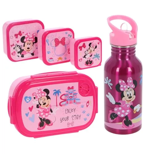 Minnie Mouse Lunchset für Kinder – 5-teilig mit Brotdose, 3 Snackboxen & Trinkflasche – Rosa Set für Mädchen – für Schule, Kindergarten & Ausflüge