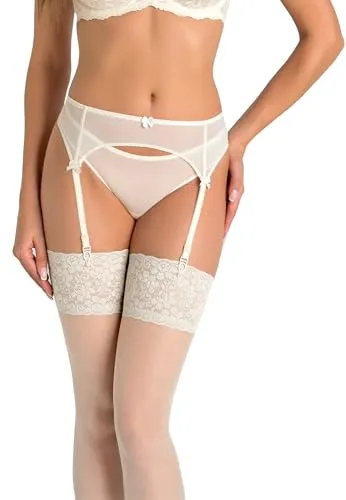 Teyli Strumpfhalter Damen - Strumpfgürtel für Damen aus Mesh - Strapsgürtel im Klassischen Schnitt - Garter Suspender Belt Ivory XL