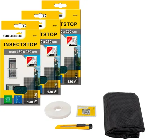 SCHELLENBERG Fliegengitter-Gewebe für bodentiefe Fenster und Türen, Set 3-St - Fliegengitter für bodentiefe Fenster und Türen, einfache Montage ohne Bohren, waschbar und zuschneidbar auf 130 x 230 cm, idealer Insektenschutz.