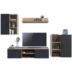 MATKAM Wohnwand Dedal 4-teilig - Artisan Eiche-Schwarz - Moderne Wohnwand in elegantem Design mit viel Stauraum. Ideal für Wohnzimmer und vielseitig einsetzbar. Pflegeleichte Materialien und einfache Montage.