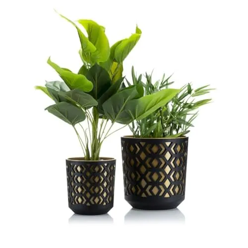 HowHomely Schwarz Blumentopf mit Golden Pflanzkübel Einsatz - Set aus 2 Übertopf für Wohnzimmer Garten oder Terrasse - Leichter und Stabiler Blumenkübel Wetterfest