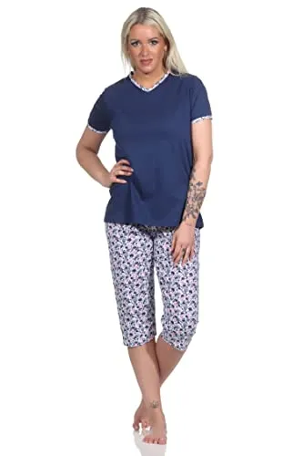 NORMANN-Wäschefabrik Floraler Damen Capri Pyjama, kurzer Schlafanzug mit 3/4 Caprihose - 12320410152, Farbe:Marine, Größe:40-42