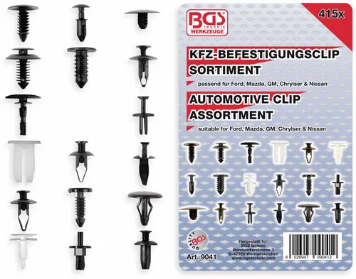 BGS Kfz-Befestigungsclip-Sortiment für Ford, Mazda, GM, Chrysler, Nissan 9041, 415-tlg. - Innenausstattung: Umfassendes Sortiment mit 415 Teilen für verschiedene Fahrzeugmarken, ideal für Reparaturen und Wartungen.