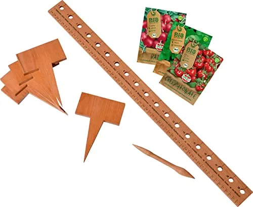 dobar® green label 29021FSCe Pflanzen-Starter-Set aus Buchenholz - Pflanzenschilder und Zubehör für das Anpflanzen von Gemüse, inklusive 3x BIO-Samenmischungen und praktischem Pikierstab für einfaches Pflanzen.