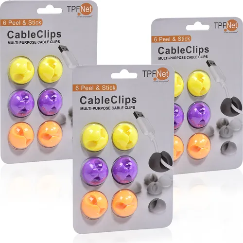 TPFNet 18er Pack (3x6 STÜCK) Cable Clip Kabelhalter Kabelmanager, 6x Orange 6x Gelb 6x Violett