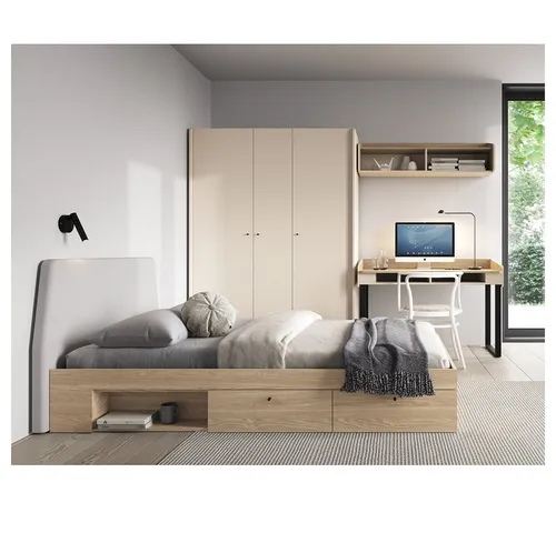 Lomadox Jugendzimmer-Set ALAMO-133, (Sparset, 4-tlg., Kleiderschrank Bettgestell Wandboard Schreibtisch), sandbeige mit Eiche Nb., 120x200cm Liegefläche, viel Stauraum