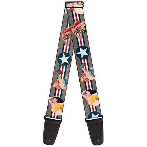 Buckle-Down Gitarrengurt Pin Up Girl Posen Close Up Star Stripes Grau Blau Weiß Rot 2 Zoll breit GS-W34253