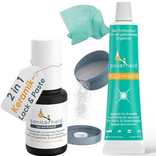 Fugenheld Emaille Reparaturset - 2in1 Lackstift & Keramikpaste für Bad und Küche - Fugenmörtel: Ideal zur Ausbesserung von Schäden in Bad und Küche. Wasserfest und schnelltrocknend, perfekt für Duschwannen und Waschbecken. Made in Germany.