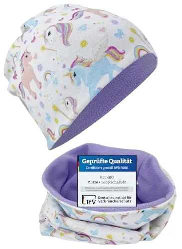 HECKBO Einhorn Kindermütze & Loop Schal - Fleece gefüttert - 2-8 Jahre - Baumwolle weich - Waschbar - Für kalte Tage (48–54 cm)