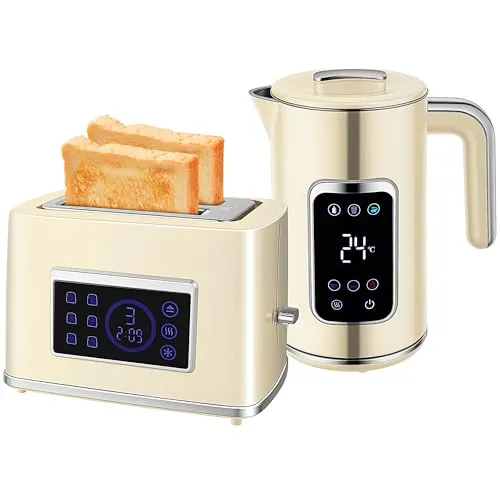 HOMCOM Wasserkocher Toaster Set 1,7L Edelstahl Wasserkocher 2 Scheiben Toaster mit 6 Bräunungsstufen, LED-Touchscreen 2200W Frühstücksset mit Memory-Funktion, Auftauen, Aufwärmen, Krümelfach Creme