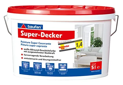 Baufan Super-Decker 5L - Weiße Dispersionsfarbe - Farben - Emissionsarm und lösemittelfrei, hervorragende Deckkraft für strapazierfähige Innenanstriche auf mineralischen Untergründen.