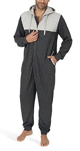 SLOUCHER - Herren Jumpsuit Onesie Overall Einteiler Hausanzug aus Baumwolle mit Reißverschluss und Kapuze, Farbe:anthrazit-Melange, Größe:M