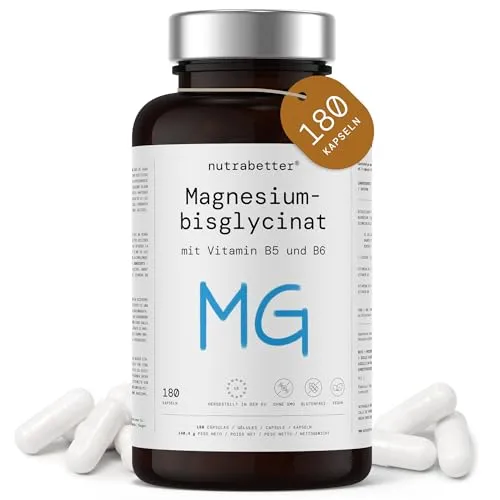 Magnesium bisglycinat | 300 mg elementares Magnesium pro Tagesdosis | 180 vegane Kapseln | Mit Vitamin B5 & B6 | Reduziert Müdigkeit, Erschöpfung und Stress | nutrabetter®