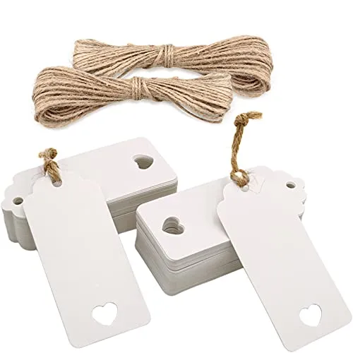 jijAcraft Geschenkanhänger Hochzeit Anhänger Kraftpapier Etiketten 9,5 x 4,5 CM, 100 Stück mit Juteschnur, für Valentinstag Weihnachten Geschenkverpackung (Weiß)