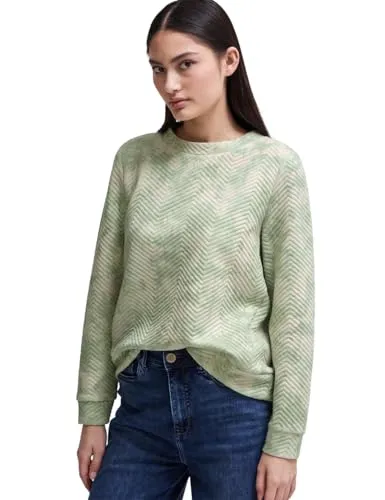 Street One Studio Damen F322644 Strukturshirt in Slate Green, Größe 44 EU - Modisches Langarmshirt mit Rundhalsausschnitt, einzigartiger Zick-Zack Struktur und Bleached-Look Print, ideal für lässige Anlässe.