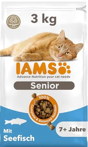 IAMS Senior Katzenfutter trocken mit Fisch - 3 kg, hochwertiges Futter für gesunde Gelenke und glänzendes Fell, ideal für Katzen ab 7 Jahren