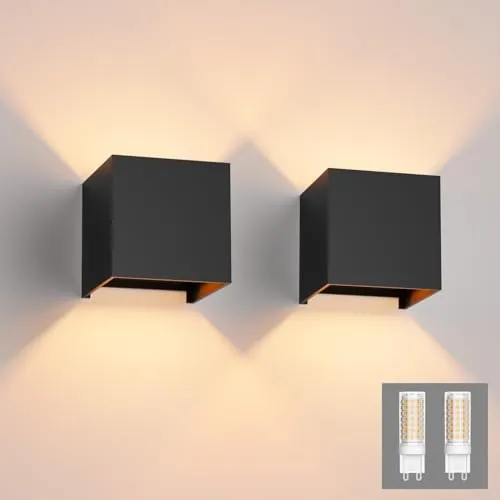Klighten 2 Stücke LED Wandleuchte Modern Up Down Wandlampe Mit Einer Ersetzbaren G9 Birne IP54 Wandbeleuchtung Innen & Außen Warmweiß 3000K Schwarz