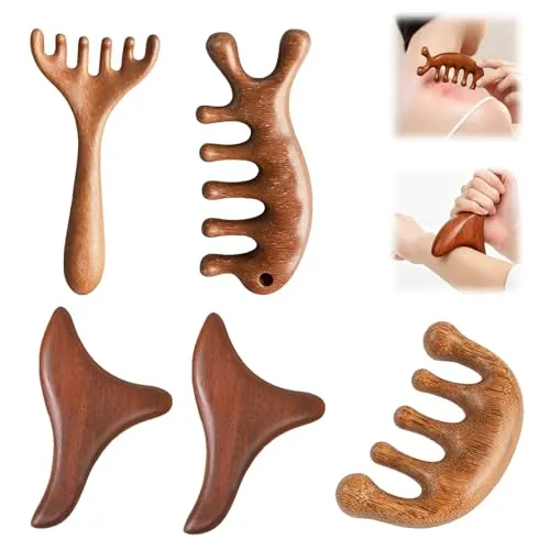 DASHUI 5 Stück Massagestab Holz Set, Guasha Rod Massagekamm Set, Triggerpunkt Drücker Set Zur Muskelentspannung Geeignet für Füßen, Nacken, Rücken und Armen