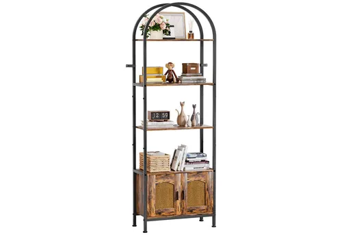 Yorbay 5 Ebenen Regal in Bogenform aus Eisenholz - Vintage Bücherregal für Wohnzimmer und Büro - Kombination aus elegantem Holz und stabilem Metallrahmen in Bogenform. Bietet 5 Ebenen für Bücher und Dekoration, ideal für optimale Raumnutzung. Höhenverstellbare Füße für sicheren Stand, auch auf unebenem Boden.