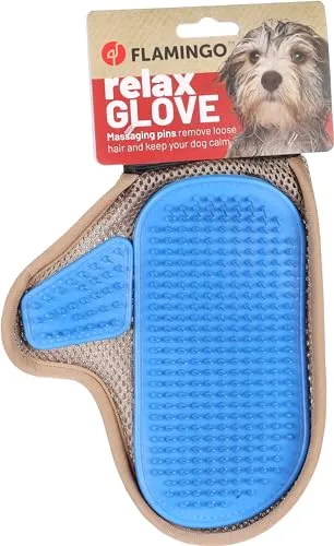 Flamingo Pienna – 2-in-1 Massage- und Pflegehandschuh für Hunde & Katzen – Taupe/Blau – 24 × 18 × 2,5 cm – Metallstifte mit Kunststoffspitzen – Für Links- und Rechtshänder geeignet