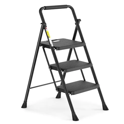 HBTower Trittleiter 3 Stufen klappbar, Leiter mit Breitem Anti-Rutsch-Pedal, Trittleiter mit Bequemer Handlauf, Tragbarer Tritthocker aus Stahl, Schwarz