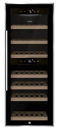 CASO WineComfort 38 black |Weinkühlschrank für 38 Flaschen | 2 Zonen auf 5-20°C einstellbar, Touch, LED beleuchtet freistehend, UV-Filterglas, Schwarz