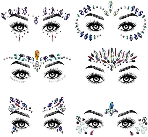 URAQT Glitzersteine Gesicht, 6PCS Glitzer Gesicht Edelsteine, Strasssteine Gesicht Aufkleber Temporäre Tattoo, Glitzersteine Selbstklebend Juwelen Kristall Strasssteine für Karneval Party Make-up