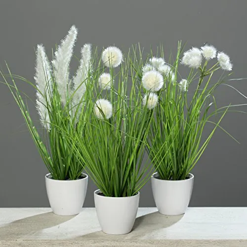 Seidenblumen Roß 3er Gras-Set 38cm/40cm im weißen Dekotopf DP Kunstpflanzen Kunstgras Dekogras künstliches Gras