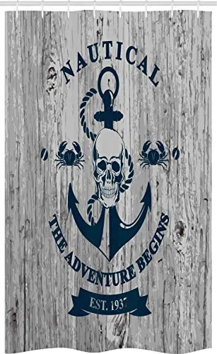 ABAKUHAUS Nautisch Schmaler Duschvorhang, Anker-Schädel-Seil-Meer, Badezimmer Deko Set aus Stoff mit Haken, 120 x 180 cm, Beige Marineblau