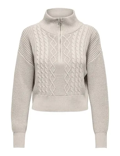 ONLY Damen Strickpullover ONLDoritta Cable Zip High Neck - Hüftlang, weicher Griff und stilvolles Zopfmuster für Übergangs- und Winterzeit