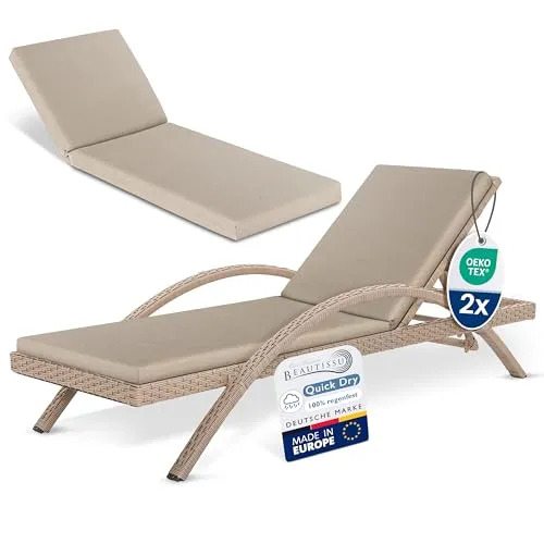 Beautissu Deckchair Auflagen für Gartenmöbel Wasserdicht 2er Set Auflage Liege 190x60 cm Sonnenliege Auflage Outdoor Polster Wetterfest Schnell Trocknend Waschbar – Auflagen für Gartenliegen Beige