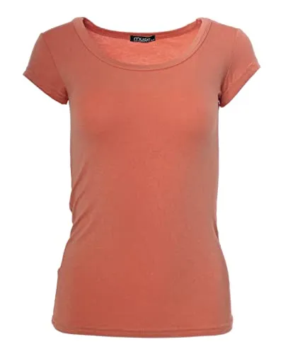 Easy Young Fashion - Damen Basic Rundhals T-Shirt - Kurzarm Unterziehshirt Skinny Fit 1001 - Terracotta S