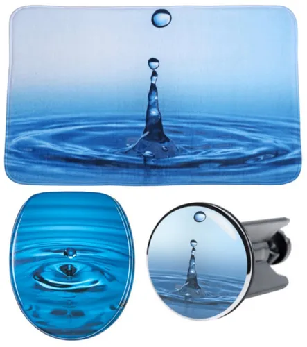 Sanilo Badaccessoire-Set 3-teilig Wassertropfen - Moderne Badaccessoires in Blau, inklusive WC-Sitz mit Absenkautomatik, pflegeleichtem Badteppich und Waschbeckenstöpsel – für ein stilvolles Bad und hohen Sitzkomfort.