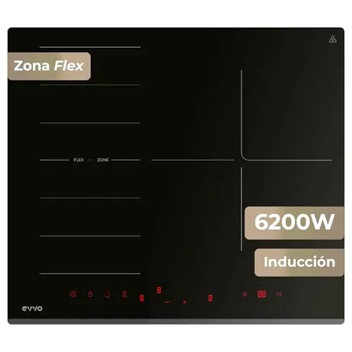 EVVO V62 Induktionskochfeld – 4-Zonen-Keramikkochfeld mit Flex und Booster, 7200 W, schwarzes Glasinduktionskochfeld, Touch-Bedienung, leicht zu reinigen