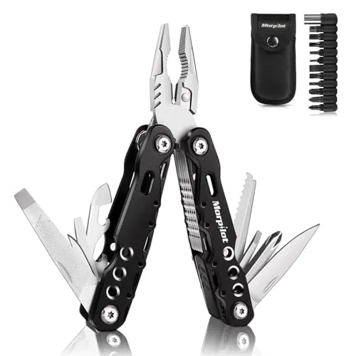 morpilot Multitool Werkzeug, 25 in 1 Faltbares Edelstahl Multifunktionale Zange, Multitools als Schneider, Flaschenöffner und Karabiner, mit 11 Schraubendreher Bits und Gurtcliptasche
