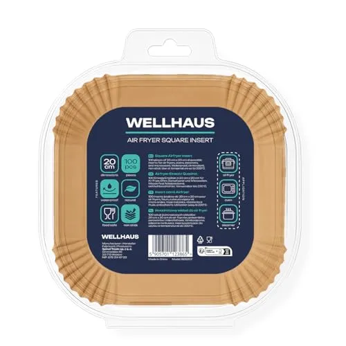 Wellhaus Backpapier für Heißluftfritteuse, 100 Stück Quadrat 20x20 cm Air fryer Backpapier Antihaft Einwegschalen Luftfritteuse Pergamentpapier Kompatibel mit Philips Airfryer (100, 20x 20cm)