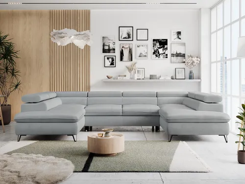 PETER U Wohnzimmersofa U-Form mit Schlaffunktion - Elegantes Ecksofa in Hellgrau mit 2 Bettkästen und Delphin-Mechanik für schnelle Schlaffunktion. Ideal für modernes Wohnen und bietet hohen Komfort dank HR-Schaum und verstellbaren Kopfstützen.