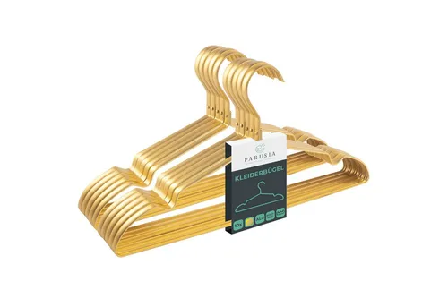 Parusia Kleiderbügel 10-tlg. - Gold, rostfrei und formstabil - Kleiderbügel aus Aluminium in matt Gold, 42 cm breit. Farb- und rostbeständig, ideal für platzsparende Aufbewahrung. Versand und Service aus Deutschland!