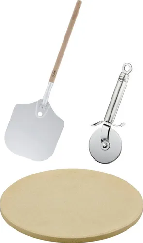 RÖSLE Barbecue Pizza-Set 3-tlg - Hochwertiger Pizzastein, Pizzaschieber und Schneider für perfekte Steinofen-Pizza und Flammkuchen
