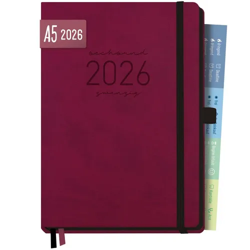 Chäff-Timer Deluxe 2026 A5 Berry - Hochwertiger Organizer für 2026 im DIN A5 Format, mit 100g/m² Papier, flexibler Haptik und zahlreichen Features wie Mood-Tracker und Urlaubstracker.