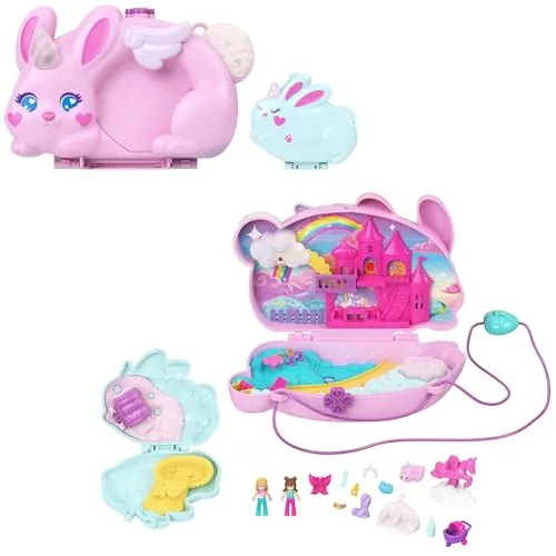 Polly Pocket 2-in-1-Bunny Fun Schatulle - Puppenhäuser mit 2 Mikropuppen und 12 Zubehörteilen für spannende Abenteuer im Häschen-Land, ideal für kreative Rollenspiele ab 4 Jahren.