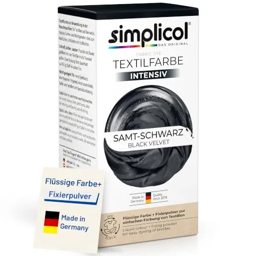 simplicol Textilfarbe intensiv Samt-Schwarz 1er Pack | Textilfarbe Waschmaschinenfest | Flüssige Farbe & Fixierpulver mit Salz | Stofffarbe zum Neufärben, Umfärben & Auffrischen