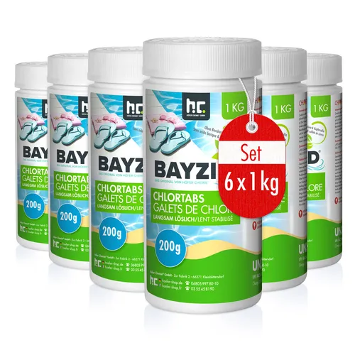Höfer Chemie Chlortabletten 6x 1 kg BAYZID® - Langsam lösliche 200g Chlortabletten für Pools, ideal zur langfristigen Bekämpfung von Keimen und zur stabilen Chlorkontrolle. Organisch und kalkfrei, für optimale Wasserqualität.