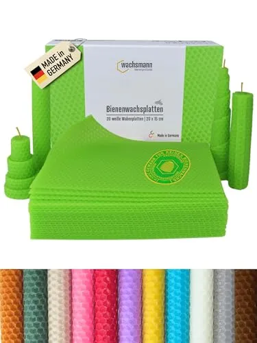 Wachsmann Bienenwachsplatten 20 Stück, hellgrün - 20 Bienenwachsplatten aus 100 % reinem Bienenwachs, ideal zum einfachen Selbermachen von Kerzen. Perfekte Größe (20 x 15 cm) für kreatives Basteln und individuelle Geschenke.