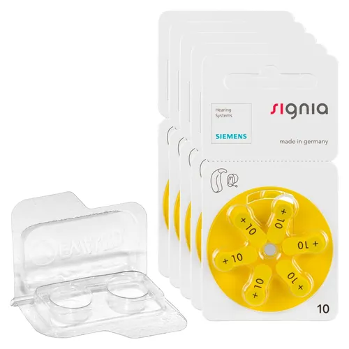 Siemens Signia Hörgerätebatterien PR70 gelb 10 + Transportbox für 2 Zellen 30