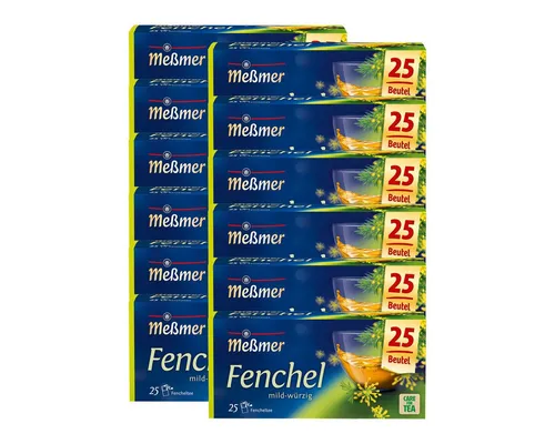 Meßmer Fenchel Kräutertee, aromatisch, 25 Teebeutel, 75g, 12er Pack - Genießen Sie den fein-aromatischen Meßmer Fenchel Kräutertee. Ideal für entspannende Momente, überzeugt er durch seinen leicht süßlichen Geschmack und hohe Qualität. Perfekt für die ganze Familie!